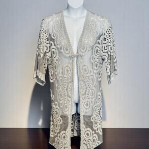 Veveret Long Crochet Cardigan Small/Medium Gray Cotton Boho Bell Half Sleeve NWT